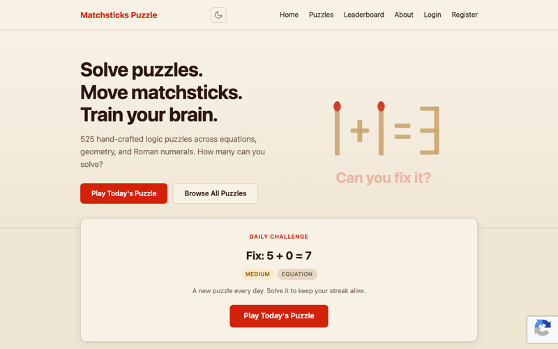 MatchsticksPuzzle.com browser-based logic puzzle platform